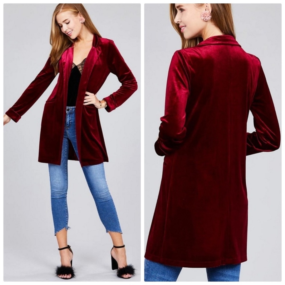 Red Long Open Velvet Blazer Jacket
